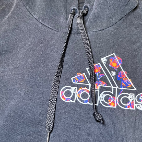 Adidas Pullover Hoodie Womens Medium Black Floral Logo Sweatshirt Sporty Casual - Picture 8 of 12